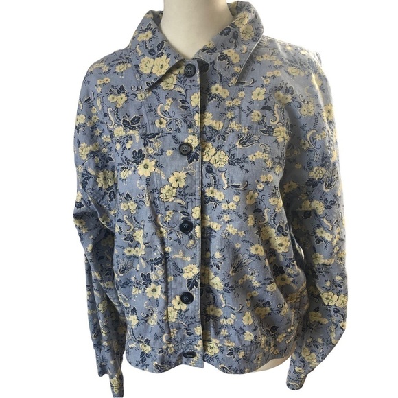Talbots Linen Jacket Women L Light Blue white Floral Front Button - Picture 1 of 11